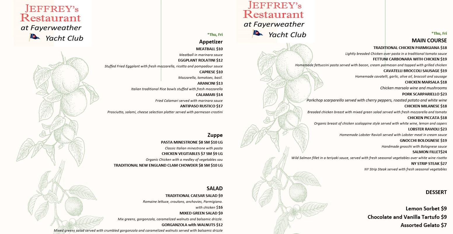 fayerweather yacht club menu